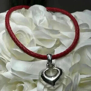 Joseph Esposito Red Leather and Sterling Heart Necklace Choker 15 to 17"  EUC